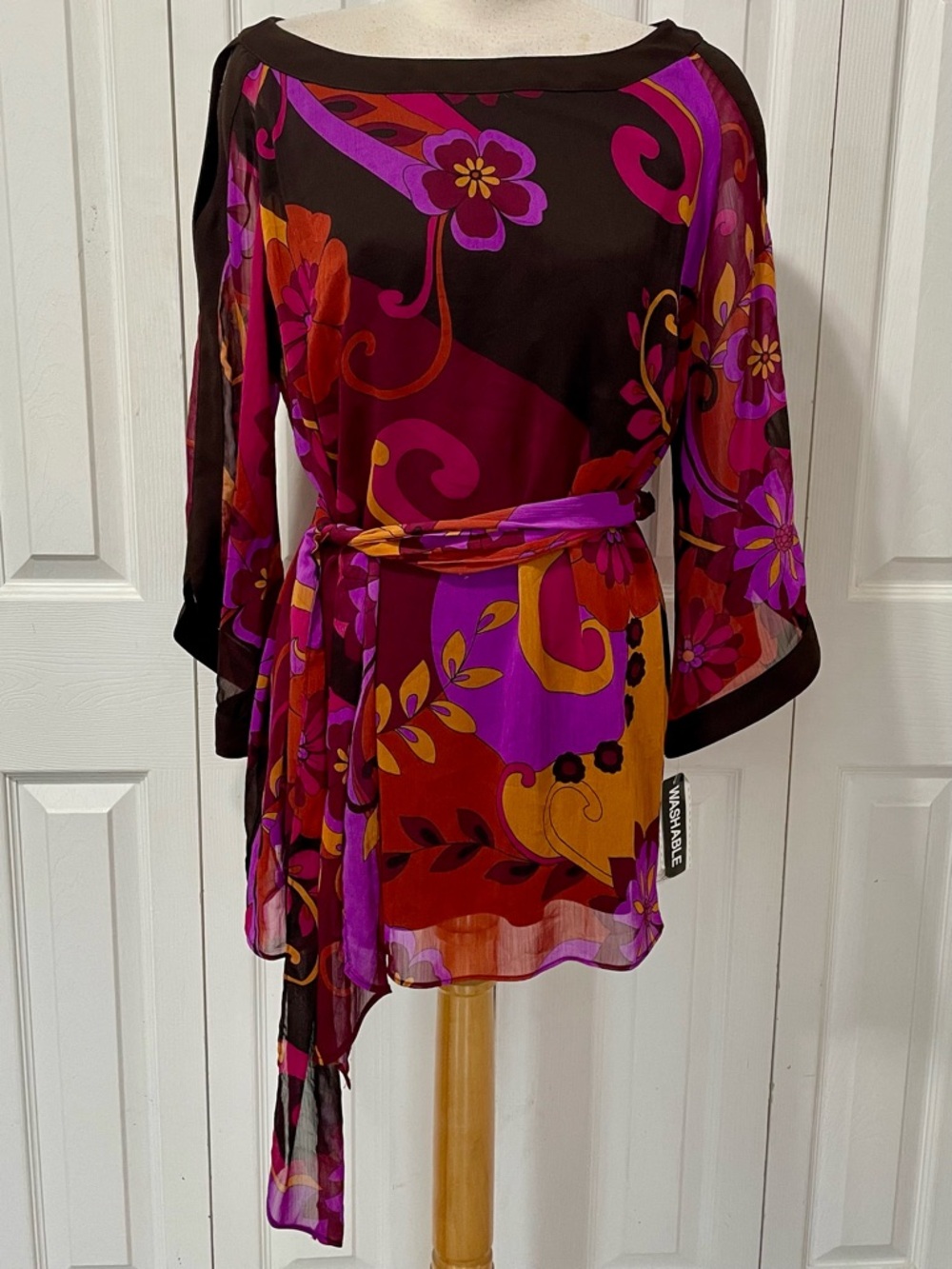 Sheer Floral Belted Tunic Top in Purple and Red